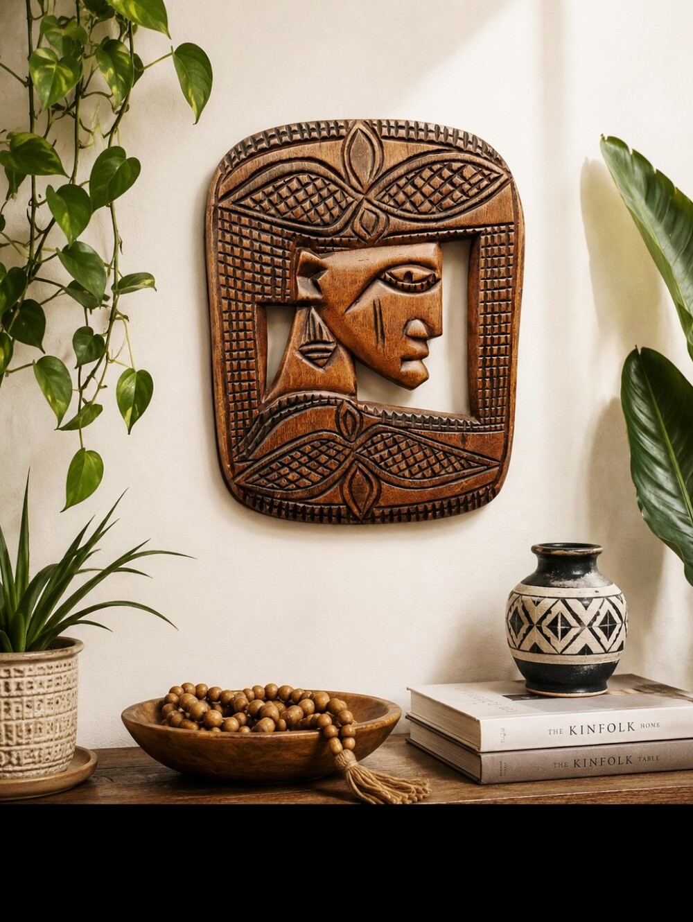 Vintage African Hand Carved Solid Wood Wall Plaque